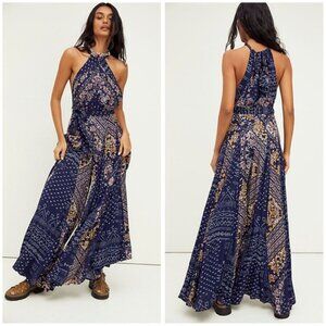 Free People Shangri-La Jumpsuit Wide Leg Mixed Print Blue Size 2